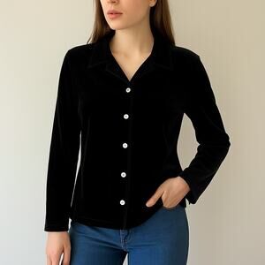 90s Style Velvet Blouse Size 10 Black Button Down